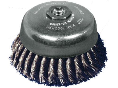 Knotted Cup Brush, 4" Diameter, .014" Wire Size, 5/8"-11NC, Double Row